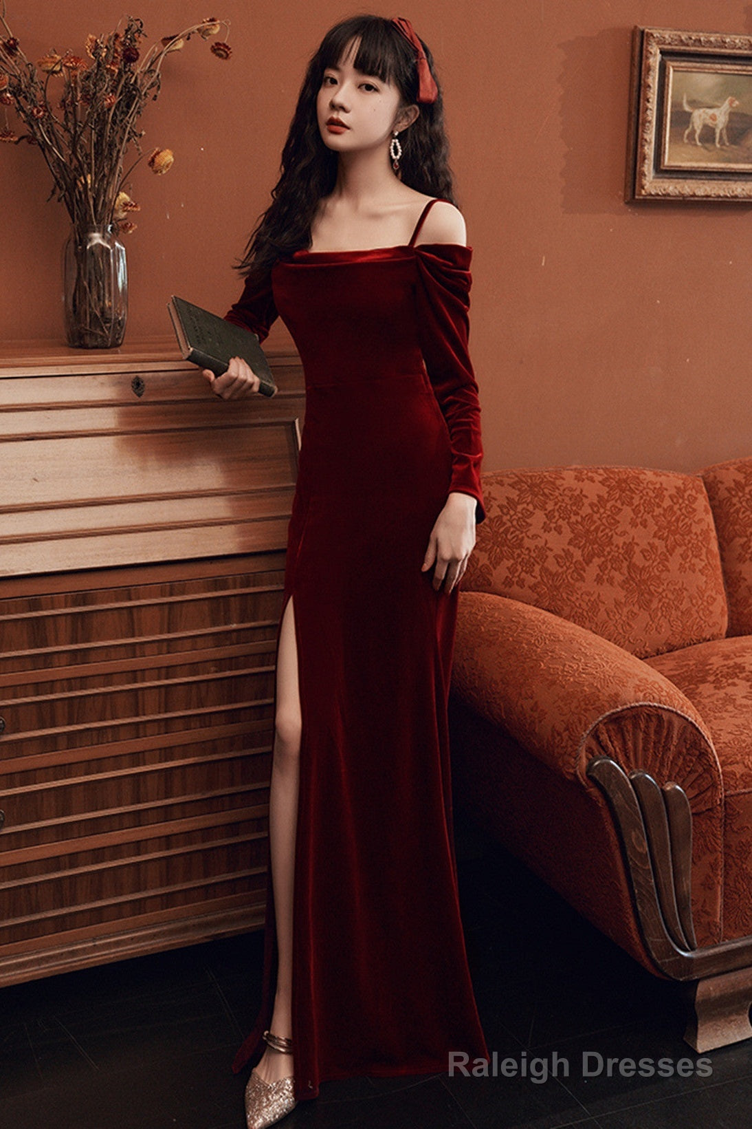 Beautiful Wine Red Velvet Off Shoulder Party Dress, Mermaid Long Prom Dress Evening Dress