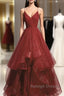 Beautiful Wine Red Velvet Straps V-Neckline Party Dress Prom Dress, Long Evening Dresses