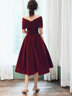 Beautiful Wine Red Velvet Tea Length Prom Dresses Bridesmaid Dresses