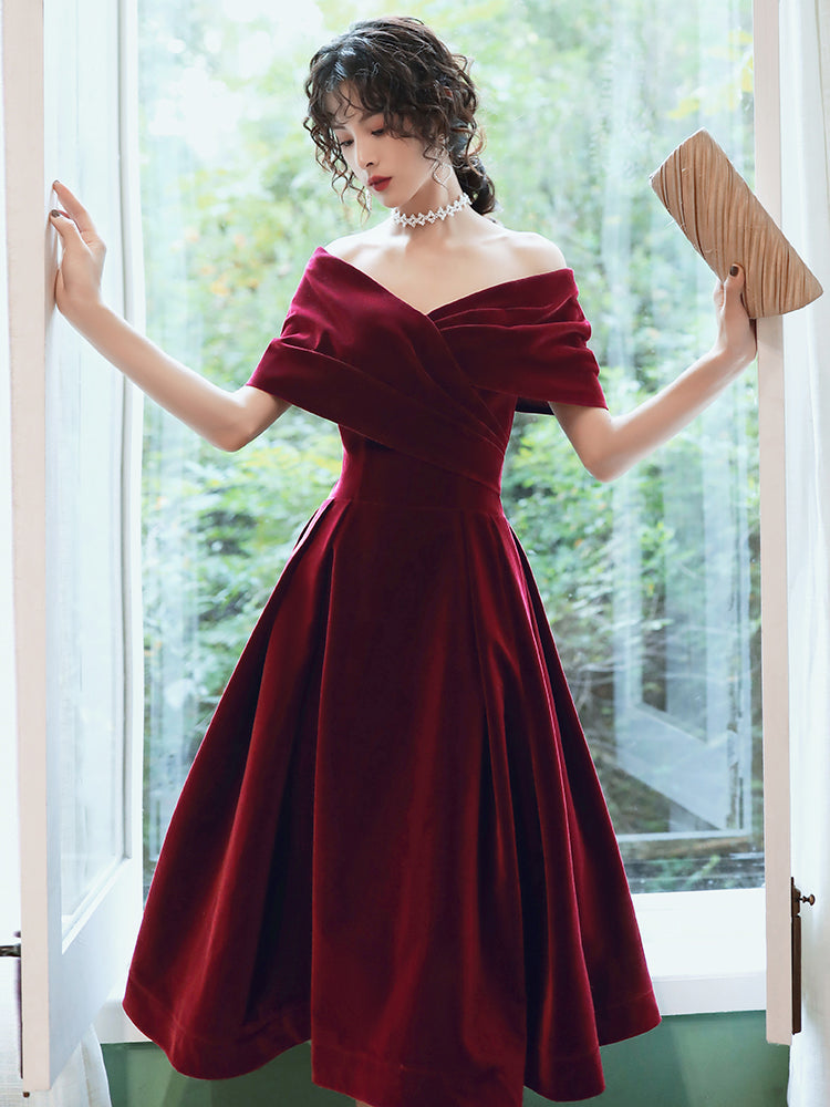 Beautiful Wine Red Velvet Tea Length Prom Dresses Bridesmaid Dresses