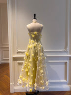 Beautiful Yellow A-Line Square Neck Strapless 3D Flower Mesh Long Formal Prom Dress