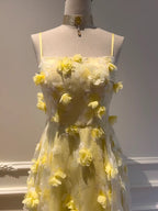 Beautiful Yellow A-Line Square Neck Strapless 3D Flower Mesh Long Formal Prom Dress