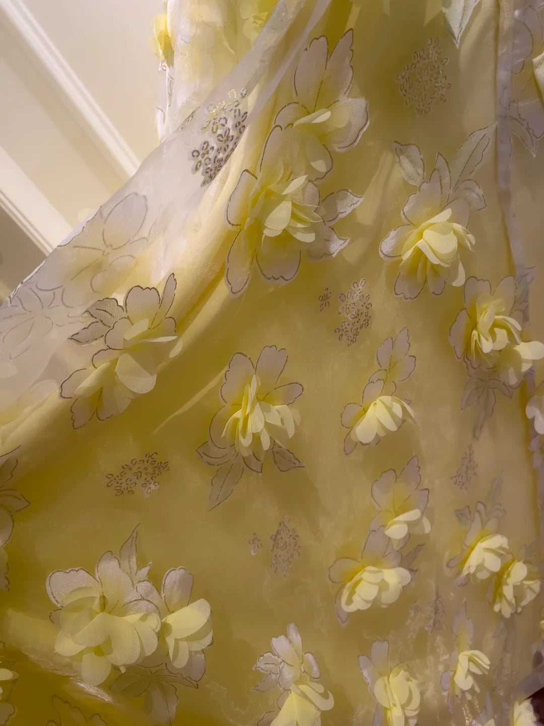 Beautiful Yellow A-Line Square Neck Strapless 3D Flower Mesh Long Formal Prom Dress