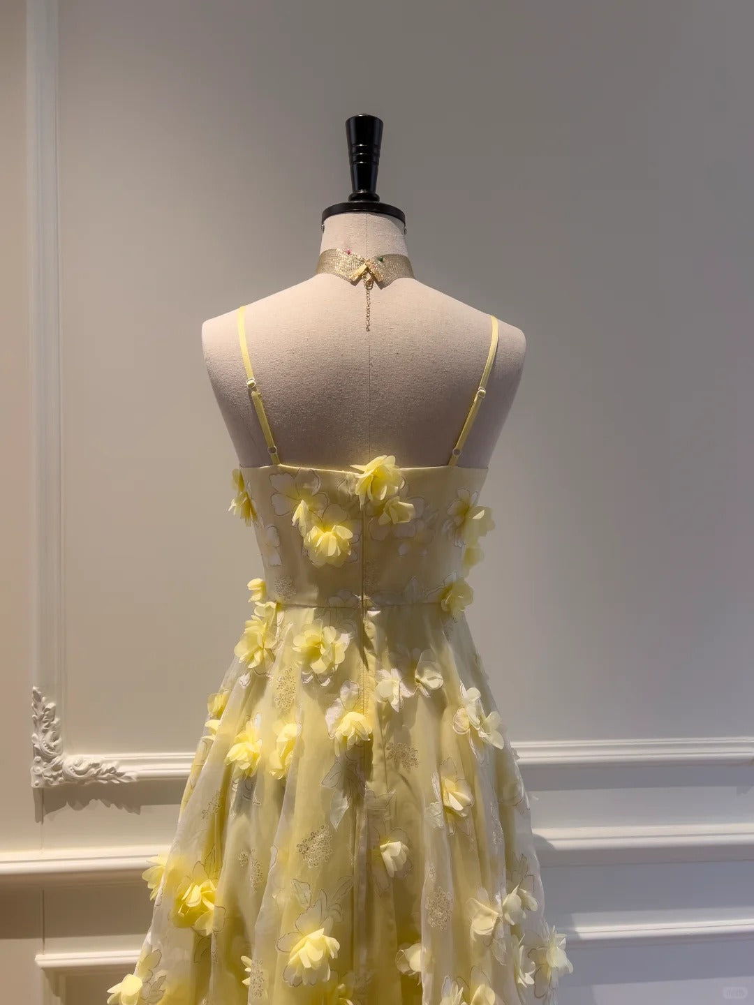 Beautiful Yellow A-Line Square Neck Strapless 3D Flower Mesh Long Formal Prom Dress