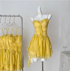 Beautiful Yellow Suspender Flower Irregular Ruffle Chiffon 17Th Birthday Short Skirt Homecoming Dress