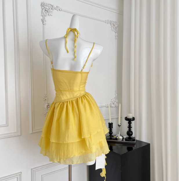 Beautiful Yellow Suspender Flower Irregular Ruffle Chiffon 17Th Birthday Short Skirt Homecoming Dress