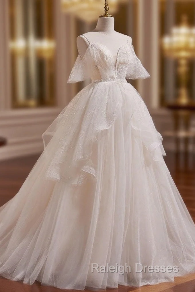 Beige A-line Tulle Beading Long Prom Dress, Beige Formal Dress Main image