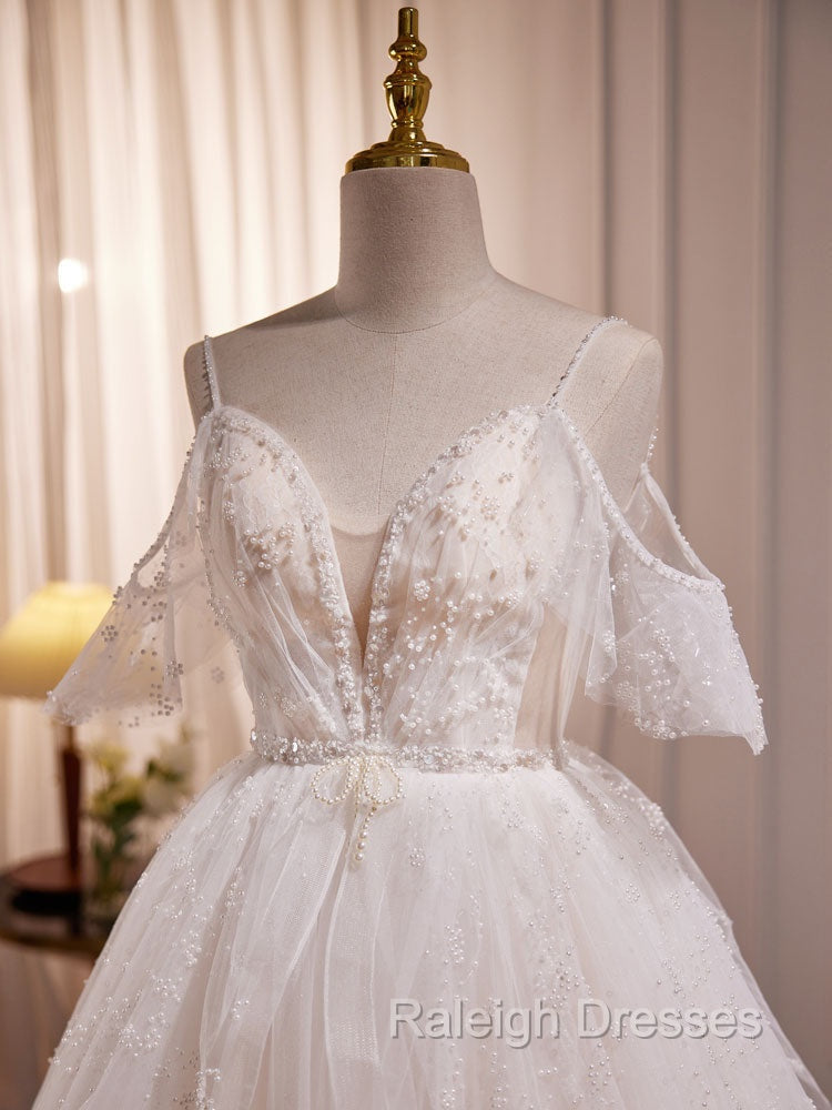 Beige A Line Tulle Beading Long Prom Dresses Beige Prom Dresses