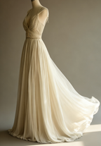 Off-White A-Line V-Neck Chiffon Beaded Prom Dresses Long Simple Wedding Dresses Bridesmaid Dresses