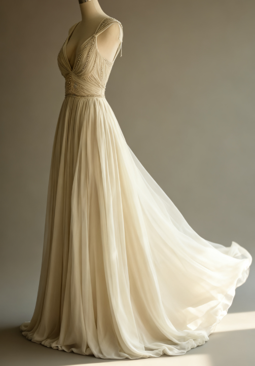 Off-White A-Line V-Neck Chiffon Beaded Prom Dresses Long Simple Wedding Dresses Bridesmaid Dresses