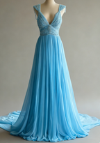 Off-White A-Line V-Neck Chiffon Beaded Prom Dresses Long Simple Wedding Dresses Bridesmaid Dresses