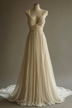 Off-White A-Line V-Neck Chiffon Beaded Prom Dresses Long Simple Wedding Dresses Bridesmaid Dresses
