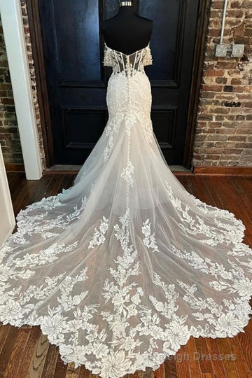 Beige Appliques Off-The-Shoulder Trumpet Long Wedding Dress Beautiful Secondary image