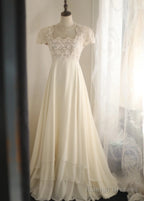 Beige Square Neck Chiffon Lace Empire Dress Long Prom Dress Beaded Wedding Dress
