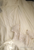 Beige Square Neck Chiffon Lace Empire Dress Long Prom Dress Beaded Wedding Dress