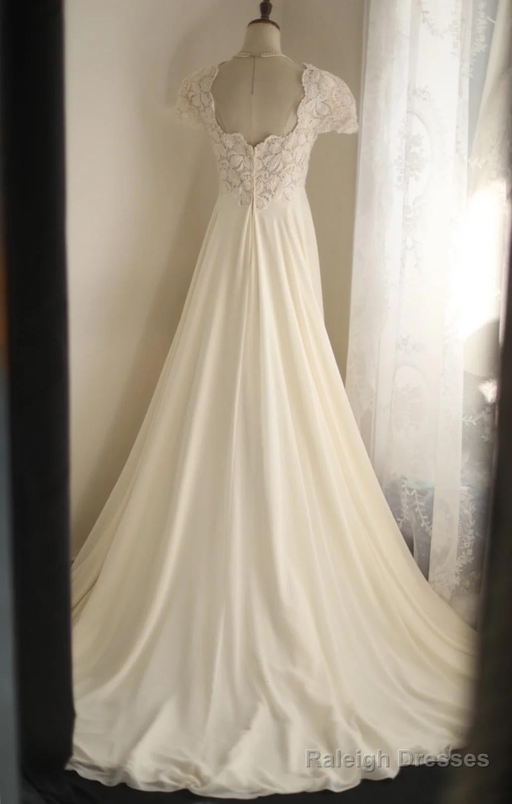 Beige Square Neck Chiffon Lace Empire Dresses Prom Dresses Long Beaded Wedding Dresses