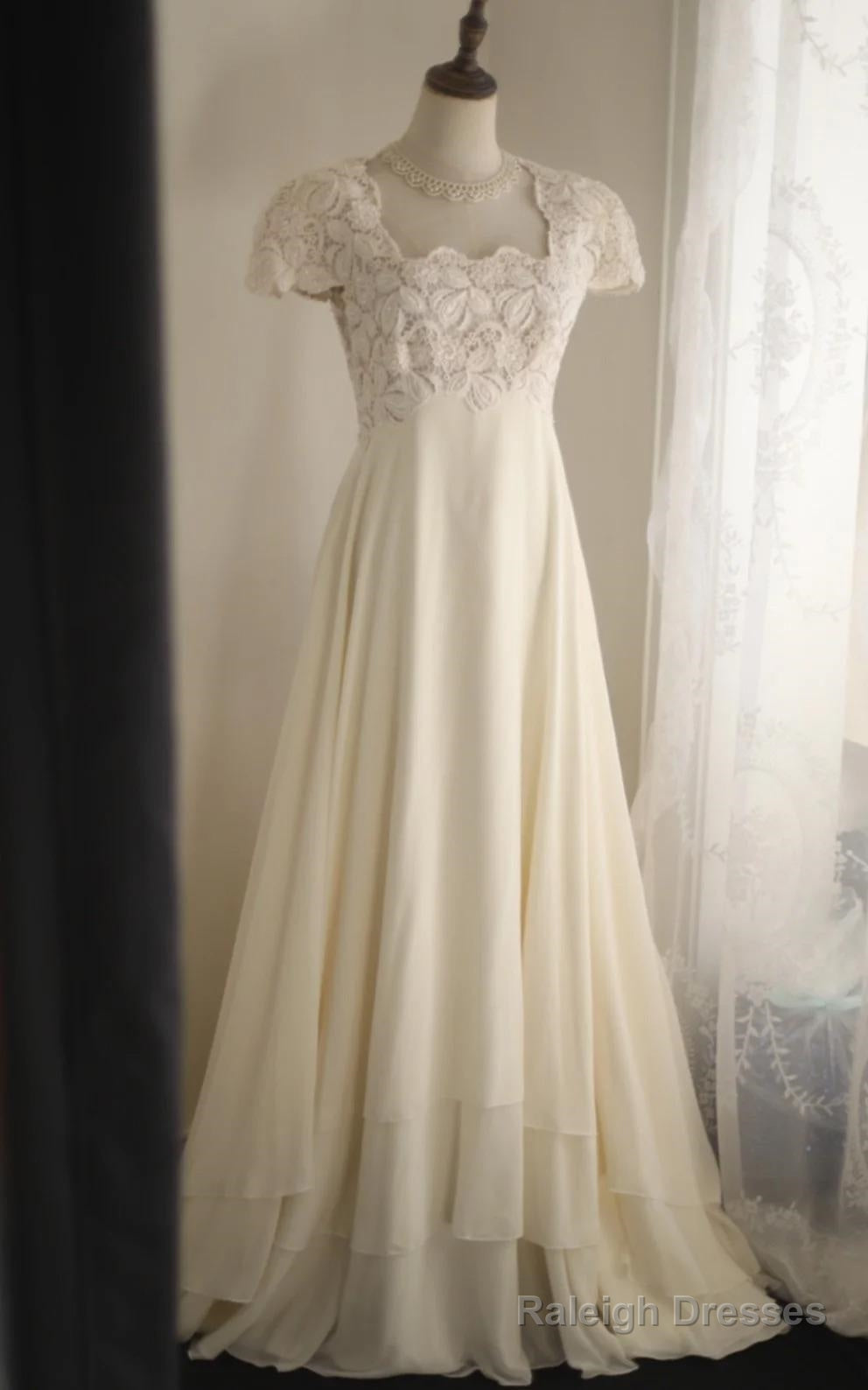 Beige Square Neck Chiffon Lace Empire Dresses Prom Dresses Long Beaded Wedding Dresses