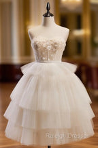 Beige Sweetheart Neck Tulle Puffy Short Prom Dresses Beige Homecoming Dresses