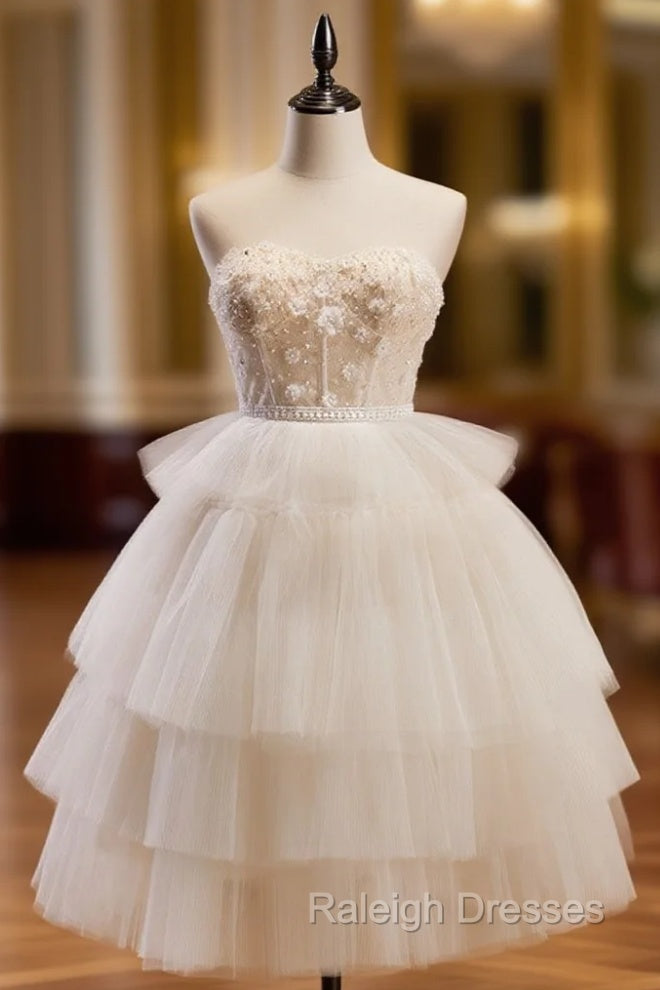 Beige Sweetheart Neck Tulle Puffy Short Prom Dresses Beige Homecoming Dresses