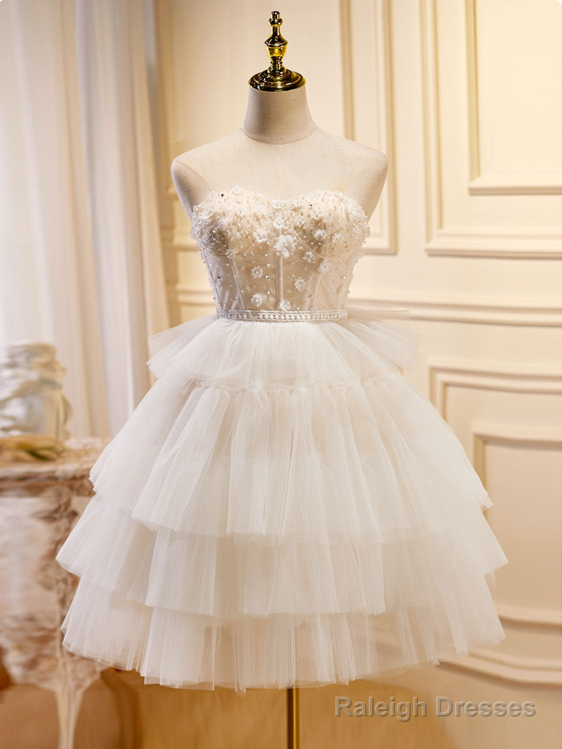 Beige Sweetheart Neck Tulle Short Prom Dress, Beige Homecoming Dress Main image
