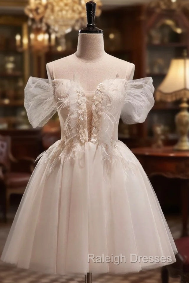 Beige Tulle Off the Shoulder Sequins Homecoming Dress Main image