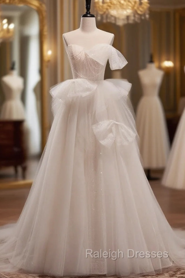 Beige Tulle Sequins Pleats Wedding Dress