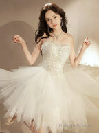 Beige Tulle Short Prom Dress, Sequin Tulle Cute Homecoming Dress