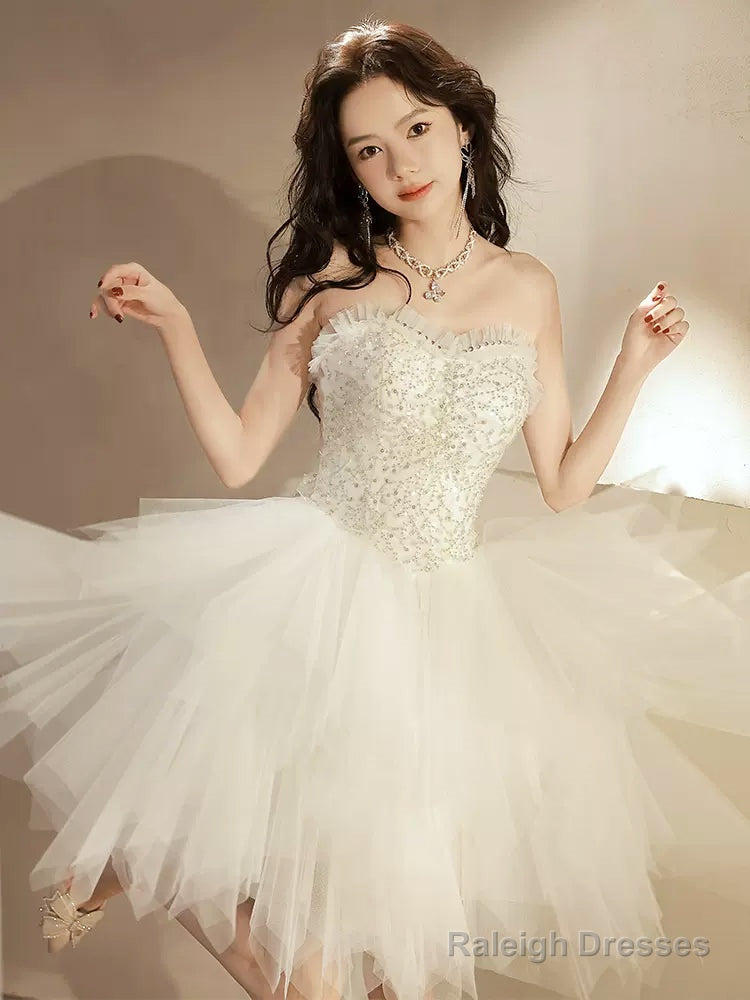 Beige Tulle Short Prom Dress, Sequin Tulle Cute Homecoming Dress