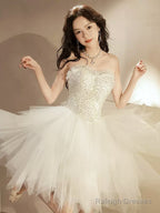 Beige Tulle Short Prom Dresses Sequin Tulle Cute Homecoming Dresses