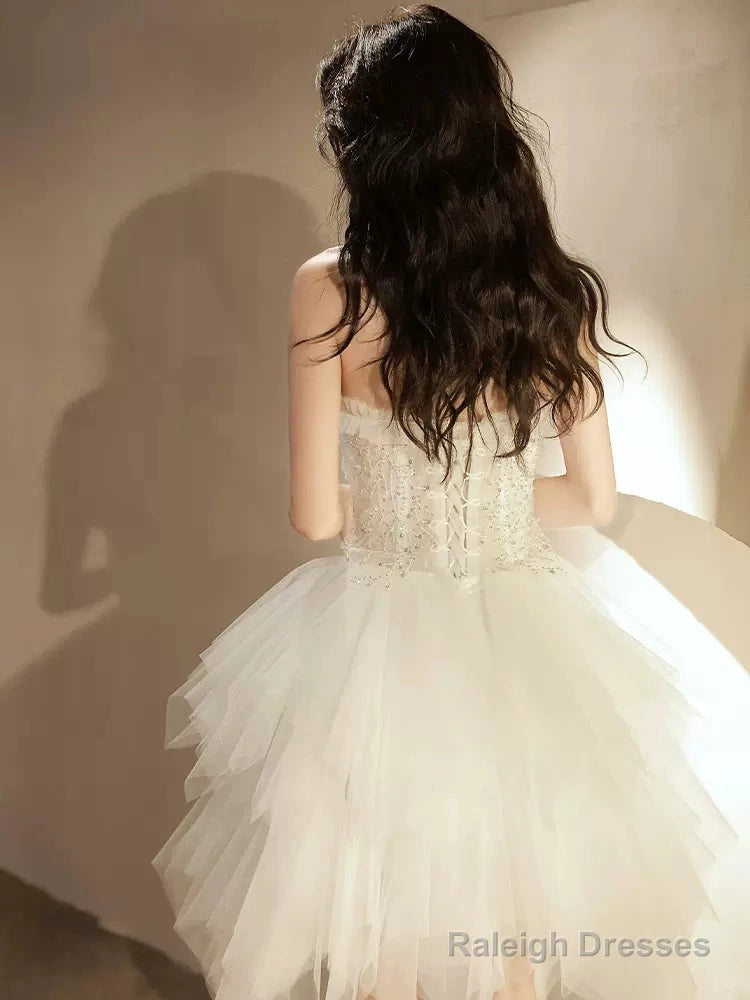 Beige Tulle Short Prom Dress, Sequin Tulle Cute Homecoming Dress