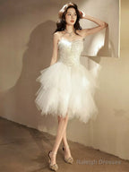Beige Tulle Short Prom Dresses Sequin Tulle Cute Homecoming Dresses
