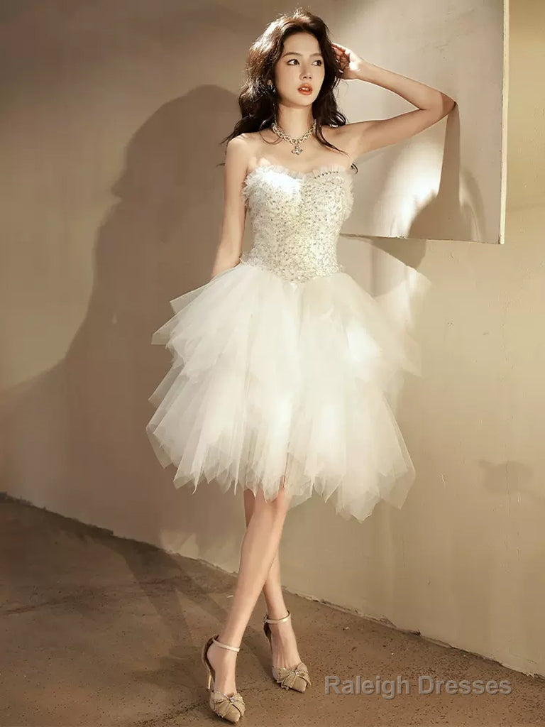Beige Tulle Short Prom Dresses Sequin Tulle Cute Homecoming Dresses