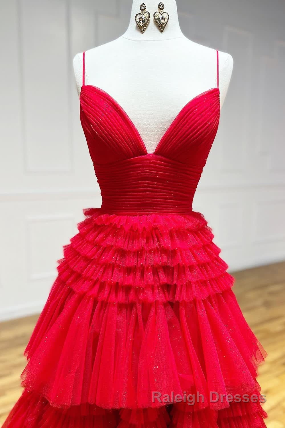 Beige Tulle Tiered Spaghetti Straps Long Prom Dress with Slit