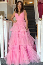 Beige Tulle Tiered Spaghetti Straps Long Prom Dress with Slit