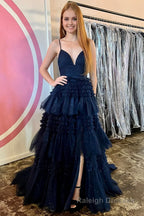 Beige Tulle Tiered Spaghetti Straps Long Prom Dress with Slit