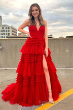 Beige Tulle Tiered Spaghetti Straps Long Prom Dress with Slit