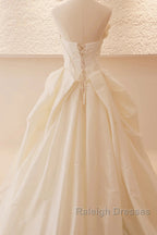 Beige Wedding Dress Strapless Sleeveless A-Line Full Bridal Dress Sophisticated Wedding Gown With Train
