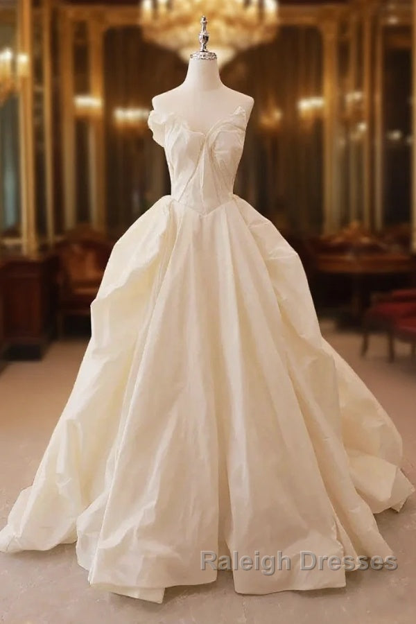 Beige Wedding Dresses Strapless Sleeveless A-Line Full Bridal Dresses Sophisticated Wedding Gown With Train Main image