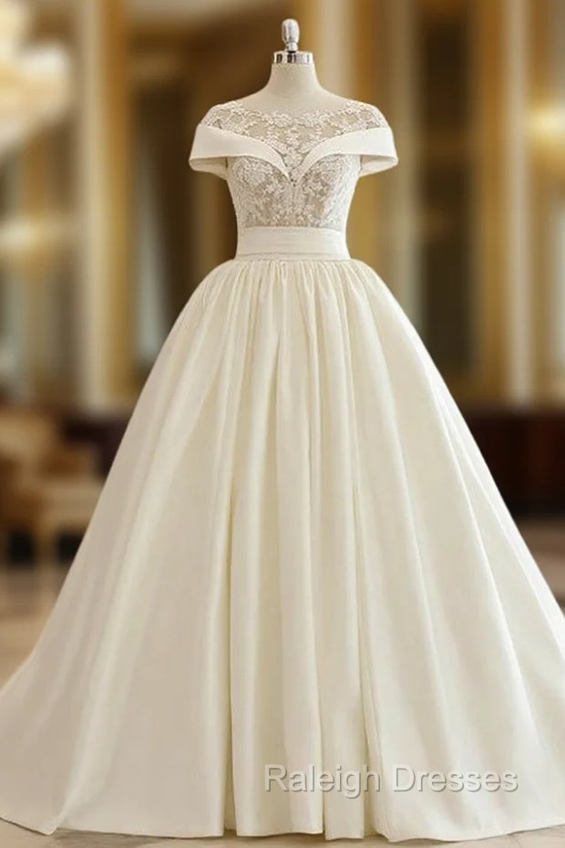 Beige White Ball Gown Satin Appliques Bateau Neck Wedding Dresses Main image