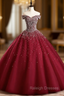 Best For You Burgundy Ball Gown Tulle Off the Shoulder Beading Sequins Quinceanera Dress