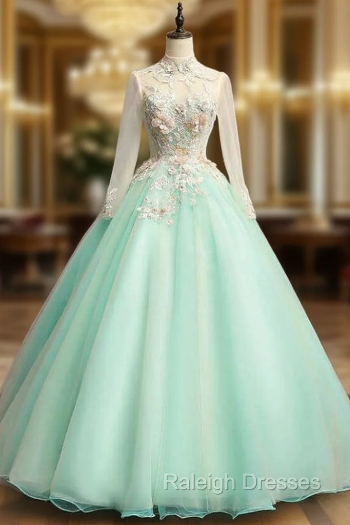 Best For You Green Ball Gown Tulle Long Sleeve Backless Appliques Quinceanera Dress Main image