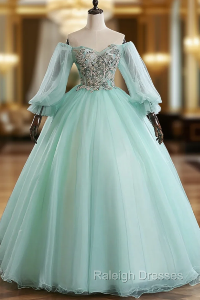 Best For You Light Green Ball Gown Tulle Off the Shoulder Long Sleeve Quinceanera Dress Main image