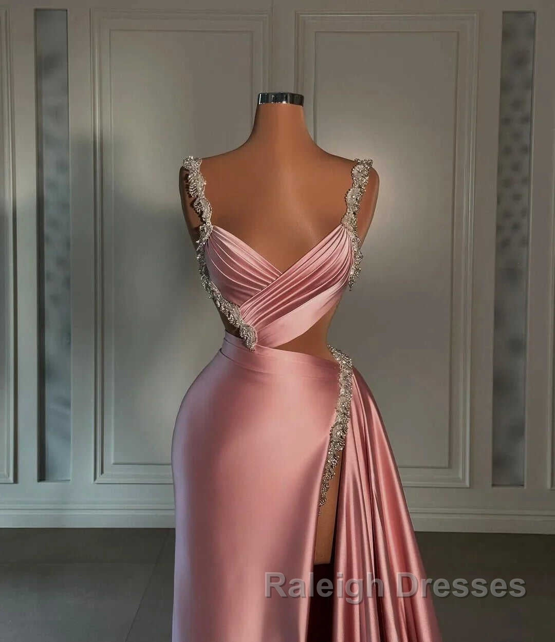 Glamorous Pink Prom Dress Sweetheart Spaghetti Strap With High Slit Trail