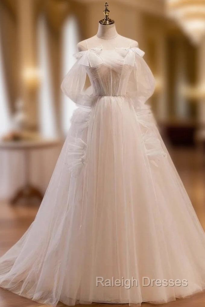 Biege Tulle Spahetti Straps Backless Pleats Wedding Dresses