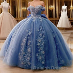 Big Bow Floral Flower Lace Applique Off Shoulder Ball Gown Quinceanera Dresses