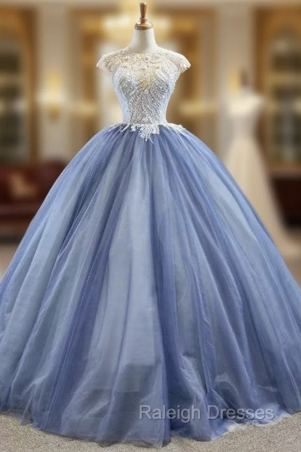 Biggest Sale Blue Ball Gown Tulle Cap Seeve Beading Long Prom Dress