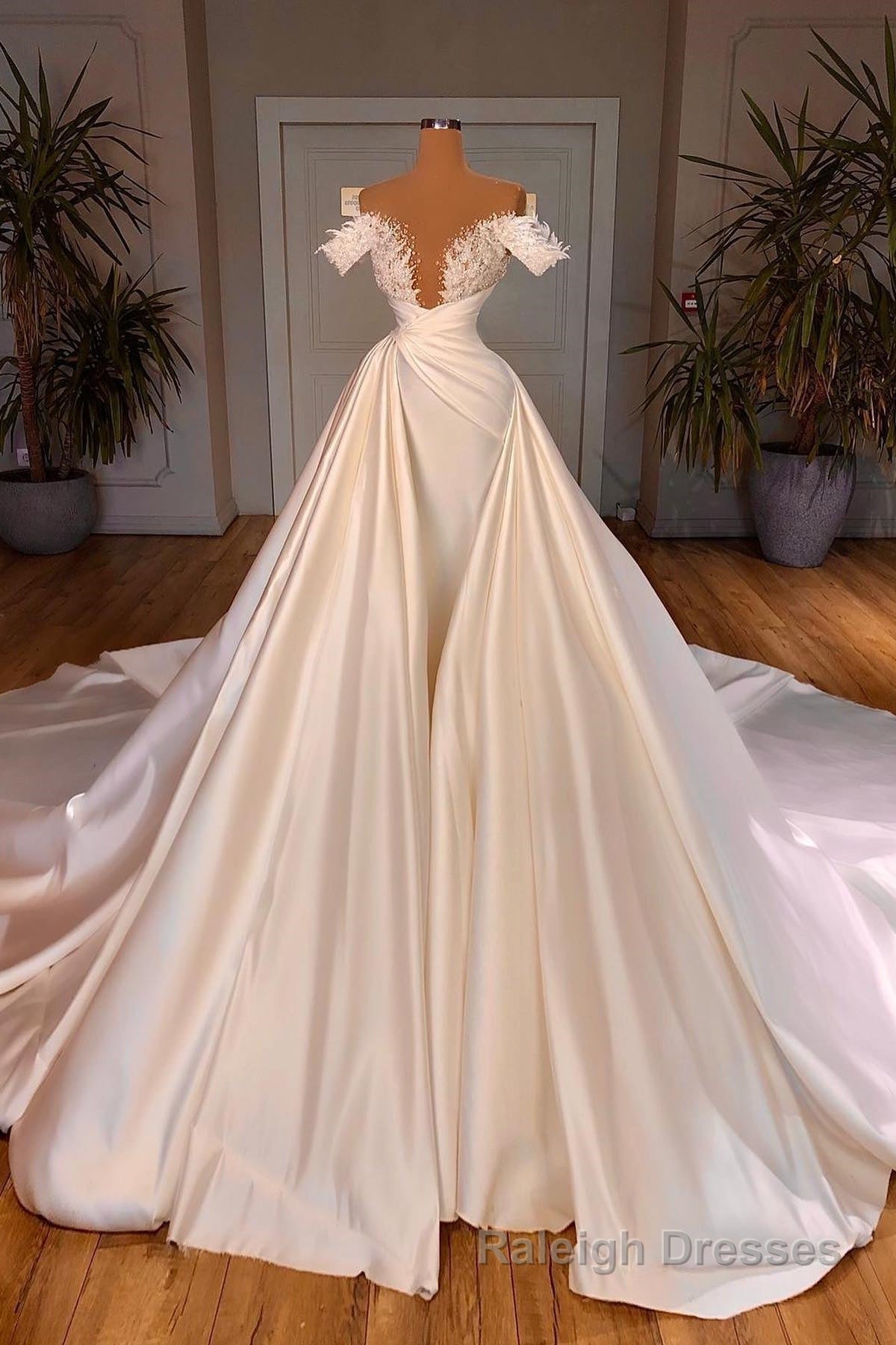 Biztunnel Charming Long A Line Off-the-shoulder Satin Lace Wedding Dresses Main image