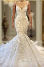 Biztunnel Elegant Long Mermaid Sweetheart Sleeveless Tulle Lace Wedding Dresses