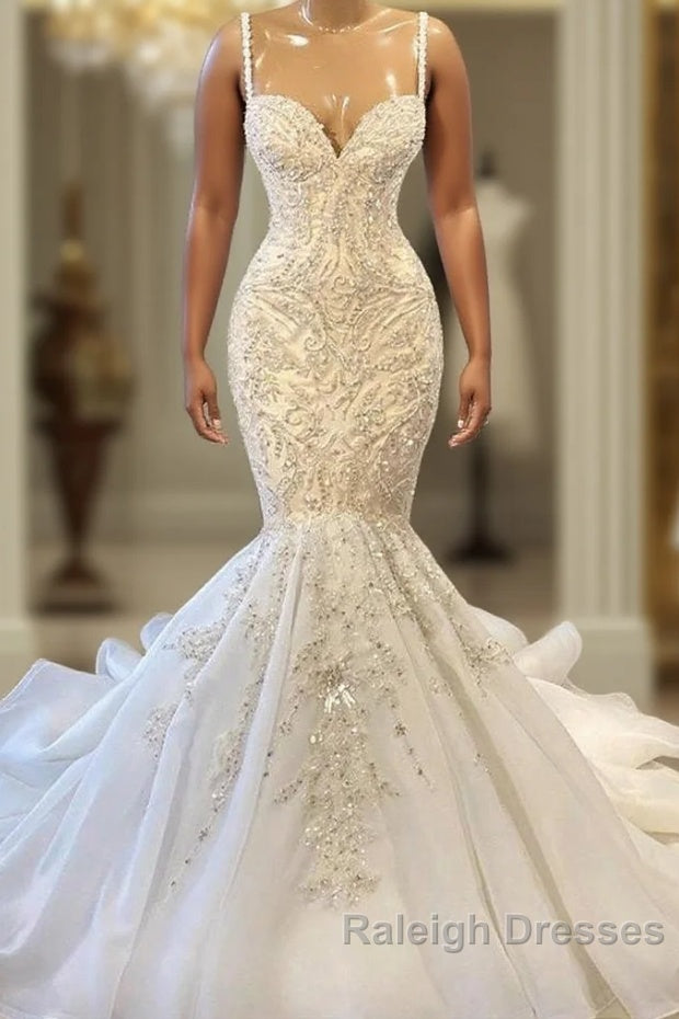 Biztunnel Elegant Long Mermaid Sweetheart Sleeveless Tulle Lace Wedding Dresses