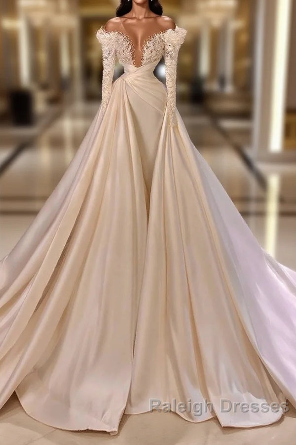 Biztunnel Long Mermaid V Neck Satin Lace Wedding Dress with Sleeves